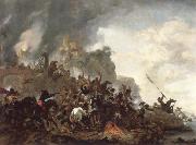 cavalry making a sortie from a fort on a hill, Philips Wouwerman